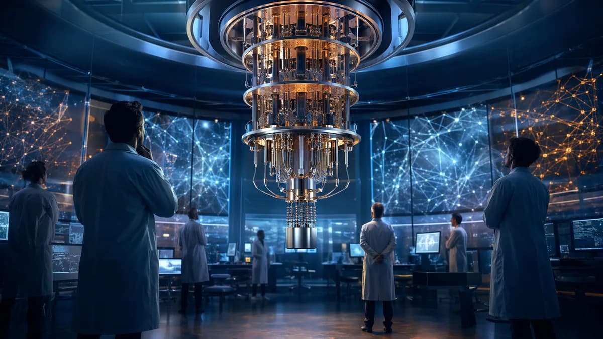 Idle quantum computer in a futuristic lab, suggesting promise but no practical breakthrough yet.