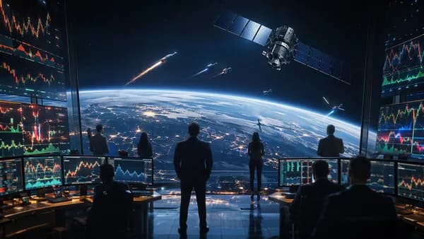 Trading floor with market charts and an unbranded satellite symbolizing a military space SPAC