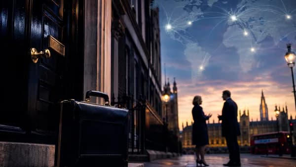 UK government reshuffle scene with Treasury briefcase, silhouettes, and global map connections.