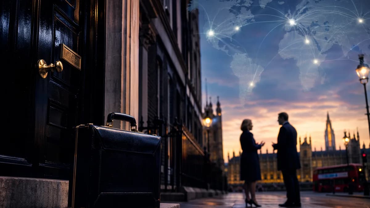 UK government reshuffle scene with Treasury briefcase, silhouettes, and global map connections.