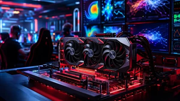 High-end gaming GPU in a futuristic lab with abstract performance screens and red-accented lighting.