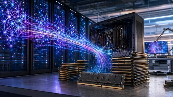 AI data center glow surrounds RAM modules and an open PC, symbolizing rising memory costs.