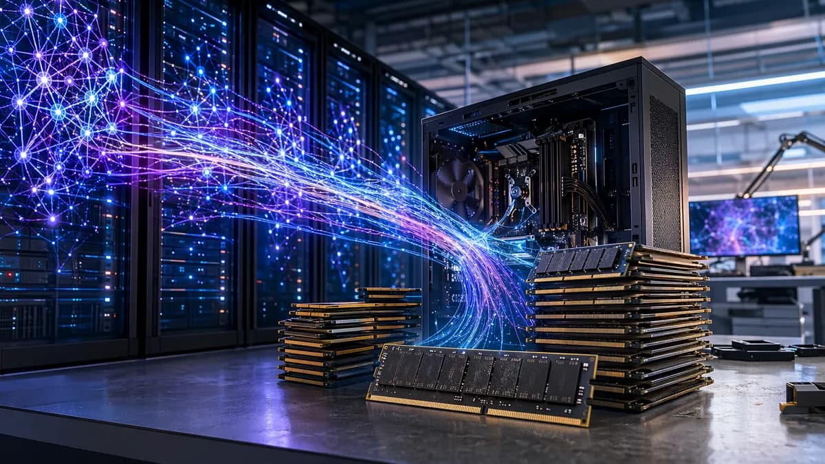 AI data center glow surrounds RAM modules and an open PC, symbolizing rising memory costs.