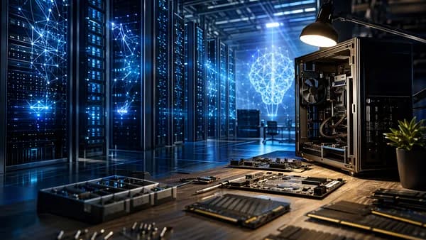 AI data center demand looms over PC memory parts in a futuristic tech workspace.