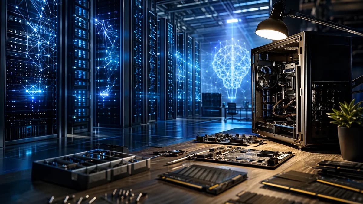 AI data center demand looms over PC memory parts in a futuristic tech workspace.