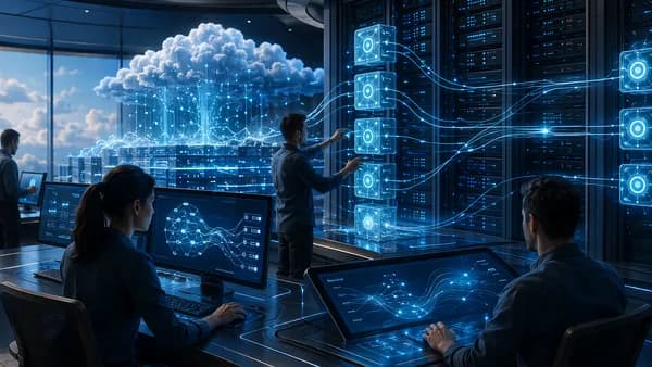 Futuristic ML API deployment hub with servers, neural networks, and scalable data streams.