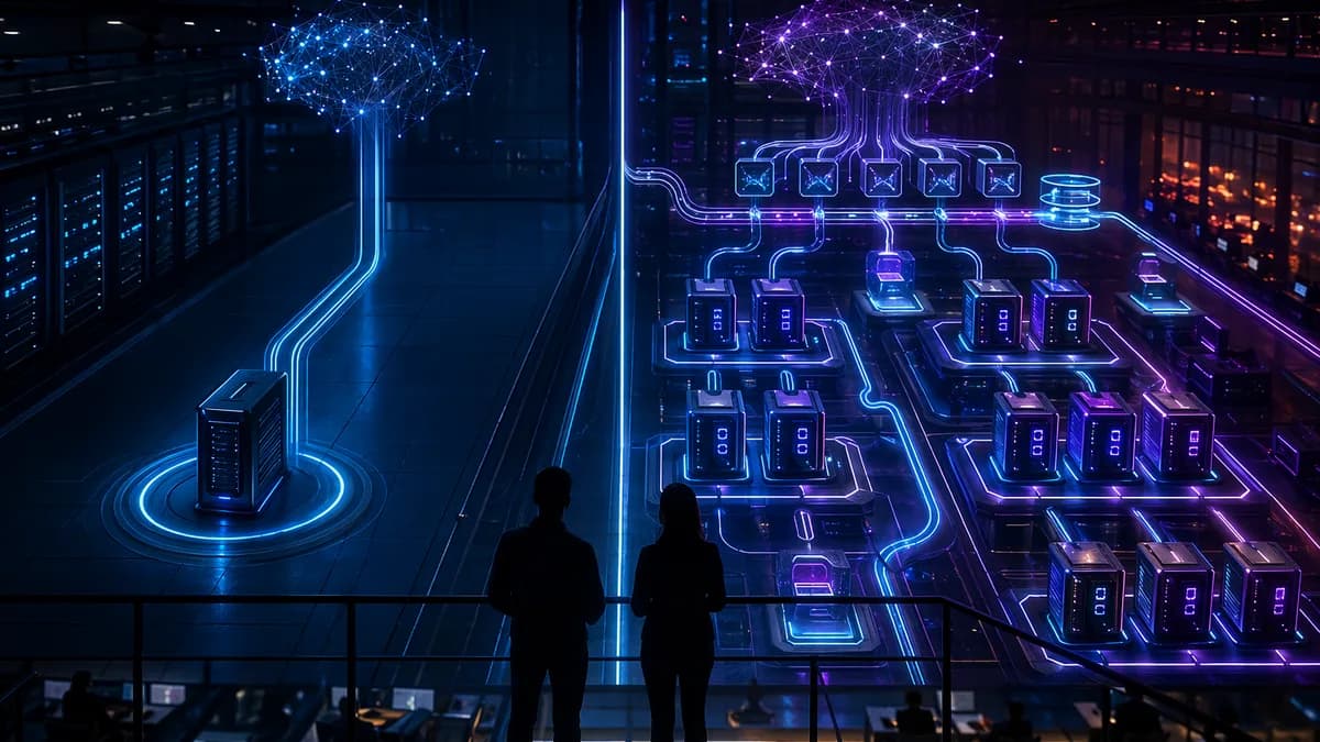 Futuristic server lab comparing simple ML API endpoint with scalable distributed AI pipeline