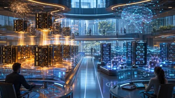 Futuristic GPU inference hub showing elastic burst scaling and distributed routing systems.