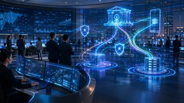 Real-time payment flows, liquidity pools, and fraud shields in a futuristic bank operations room.