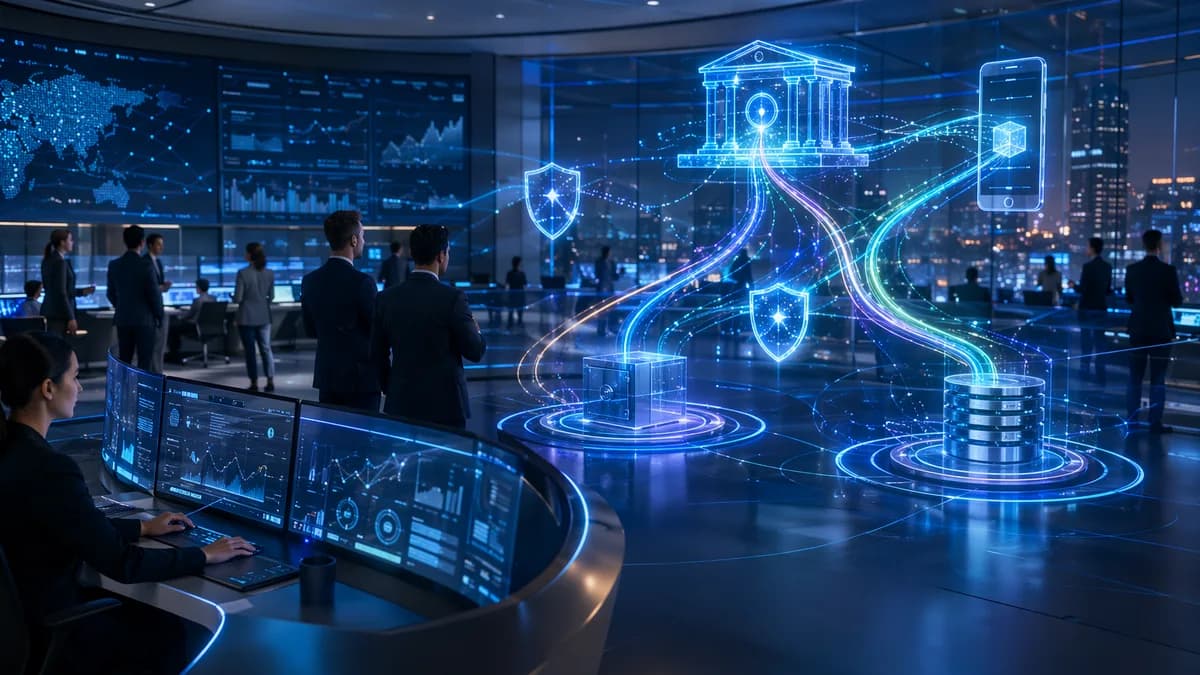 Real-time payment flows, liquidity pools, and fraud shields in a futuristic bank operations room.