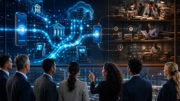 Finance team monitors real-time digital payment flows across phones, bank systems, and cloud infrastructure.