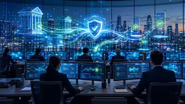 Bankers monitor secure real-time payment flows with glowing cybersecurity and settlement visibility visuals.