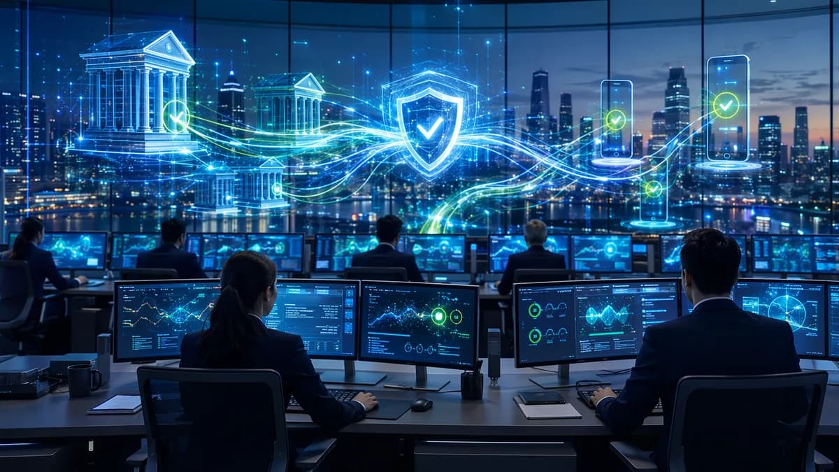 Bankers monitor secure real-time payment flows with glowing cybersecurity and settlement visibility visuals.