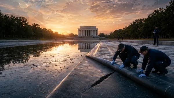 Cut Reflecting Pool liner near the Lincoln Memorial with a subtle global map overlay