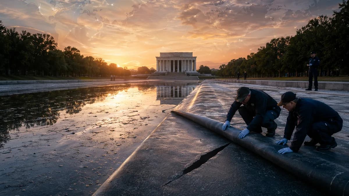 Cut Reflecting Pool liner near the Lincoln Memorial with a subtle global map overlay