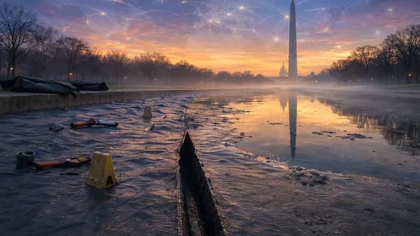 Damaged reflecting pool liner with DC monuments and subtle global map connections in a serious news scene