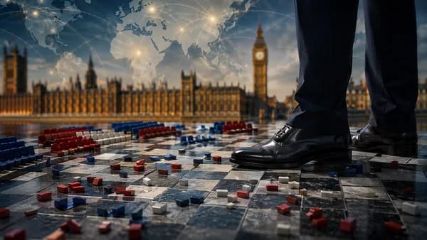 Polished shoes by a parliamentary chessboard, symbolizing UK votes struggling to become seats.