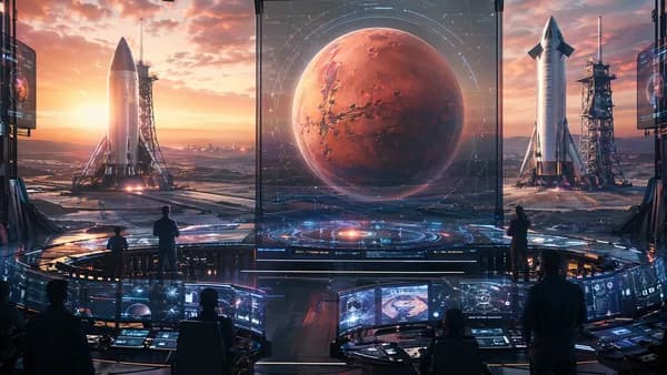 Futuristic mission control with twin rockets and Mars hologram, evoking a NASA-backed Mars race.