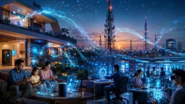 Futuristic smart home and telecom hub connected by glowing AI networks across phones, apps, and devices.