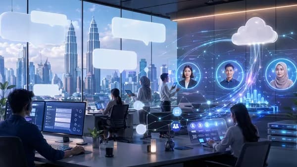 AI messaging SaaS dashboard with Kuala Lumpur skyline and cloud infrastructure