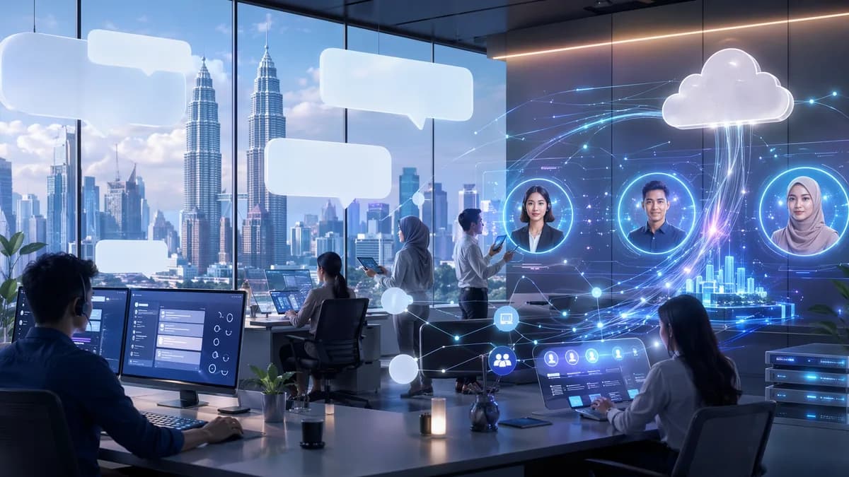 AI messaging SaaS dashboard with Kuala Lumpur skyline and cloud infrastructure