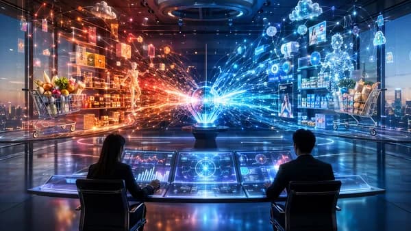 Futuristic retail data hub showing competing shopper insights, AI networks, ads, and grocery data streams.