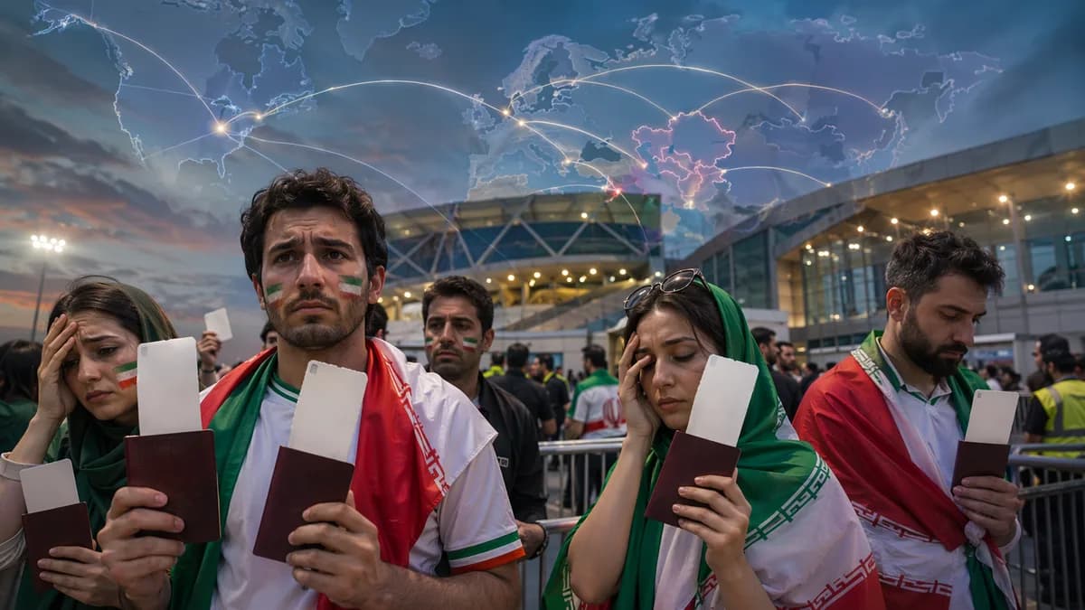 Iran fans outside a stadium with blank tickets, world map connections suggesting travel restrictions.