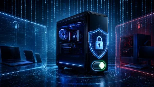 Futuristic gaming PC protected by digital shields, locks, and an on-demand security toggle.