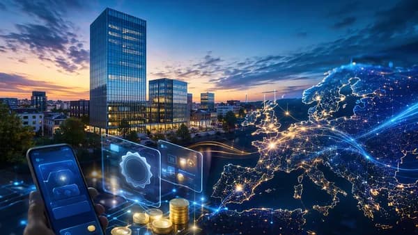 Luxembourg fintech hub with glowing European crypto payment network and compliance checkpoint