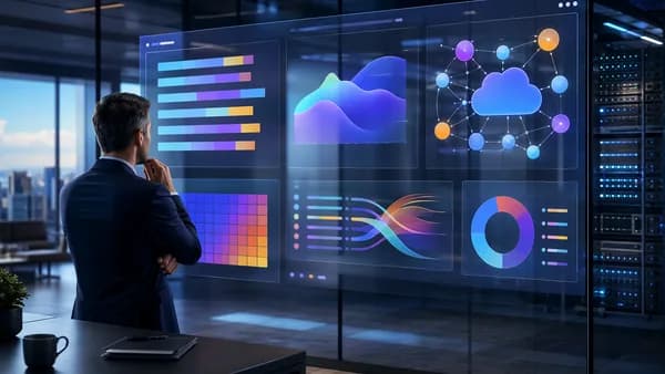 Executive reviews AI spending ROI on a modern SaaS analytics dashboard in a cloud infrastructure setting.