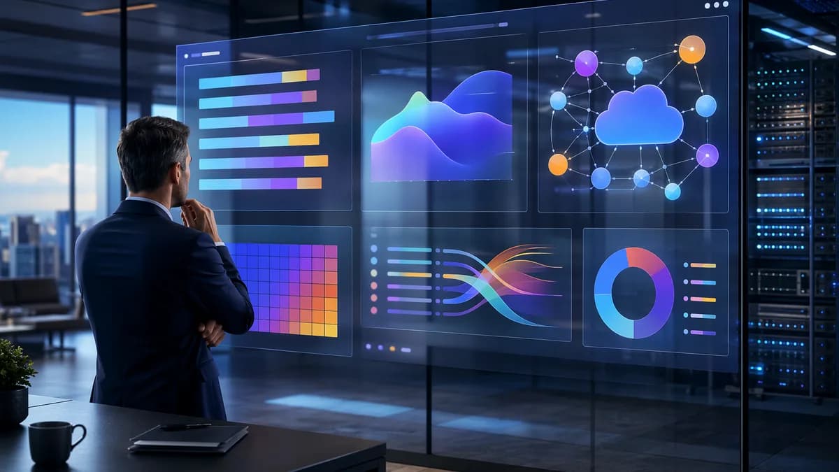 Executive reviews AI spending ROI on a modern SaaS analytics dashboard in a cloud infrastructure setting.