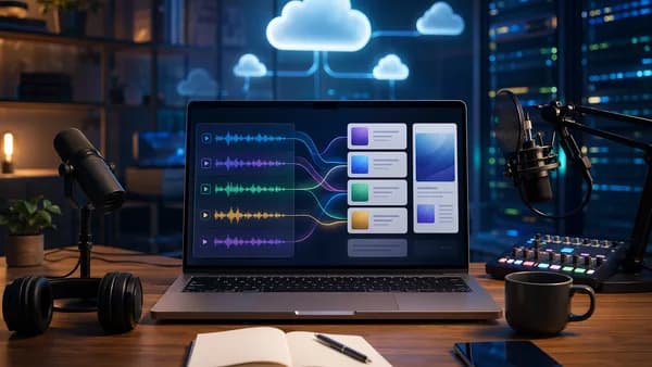 Creator desk with podcast gear and abstract SaaS dashboard turning audio into newsletter cards.