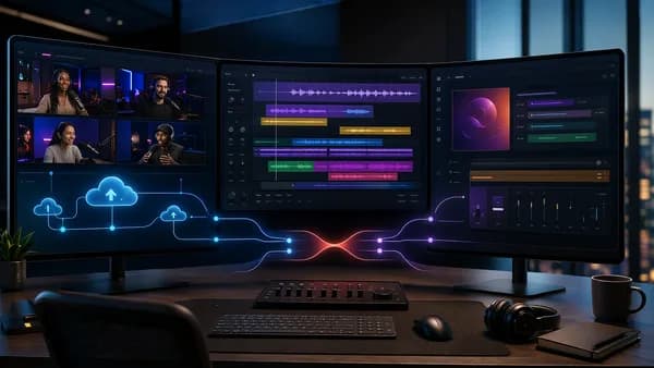 Editorial SaaS workflow dashboard comparing recording, editing, and podcast production bottlenecks