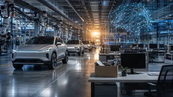 Unbranded EV factory with empty workstations suggesting Rivian layoffs after new vehicle deliveries