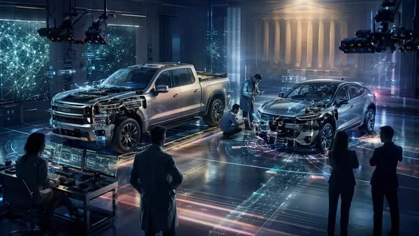Generic electric trucks in a tech bay with fading self-driving visuals and concerned owners.
