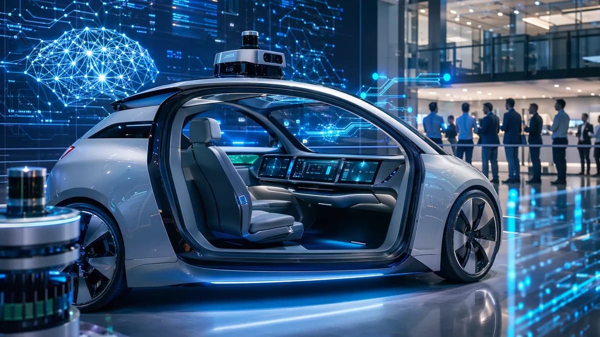 Autonomous robotaxi in futuristic tech hub with AI screens and pedal-free interior