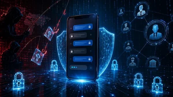 Phishing attack targeting encrypted messaging users with shields, locks, and dark cyber espionage visuals.