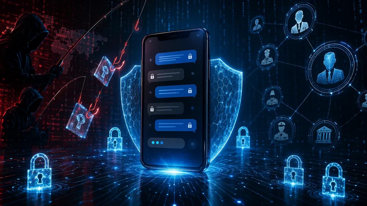 Phishing attack targeting encrypted messaging users with shields, locks, and dark cyber espionage visuals.
