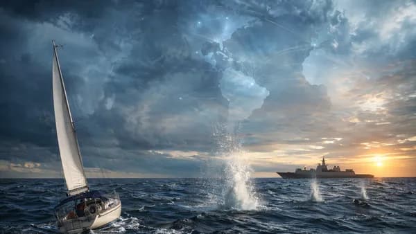 Small yacht near distant warship with warning splashes, global map overlay, tense maritime geopolitical scene.