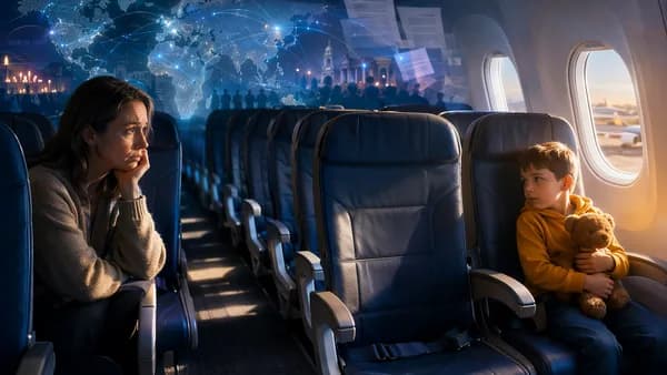 Airline cabin scene showing separated parent and child with global regulatory investigation theme.