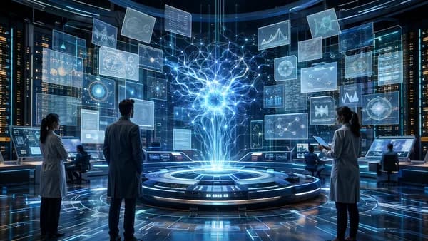 AI research agent generating large enterprise strategy reports in a futuristic tech workspace