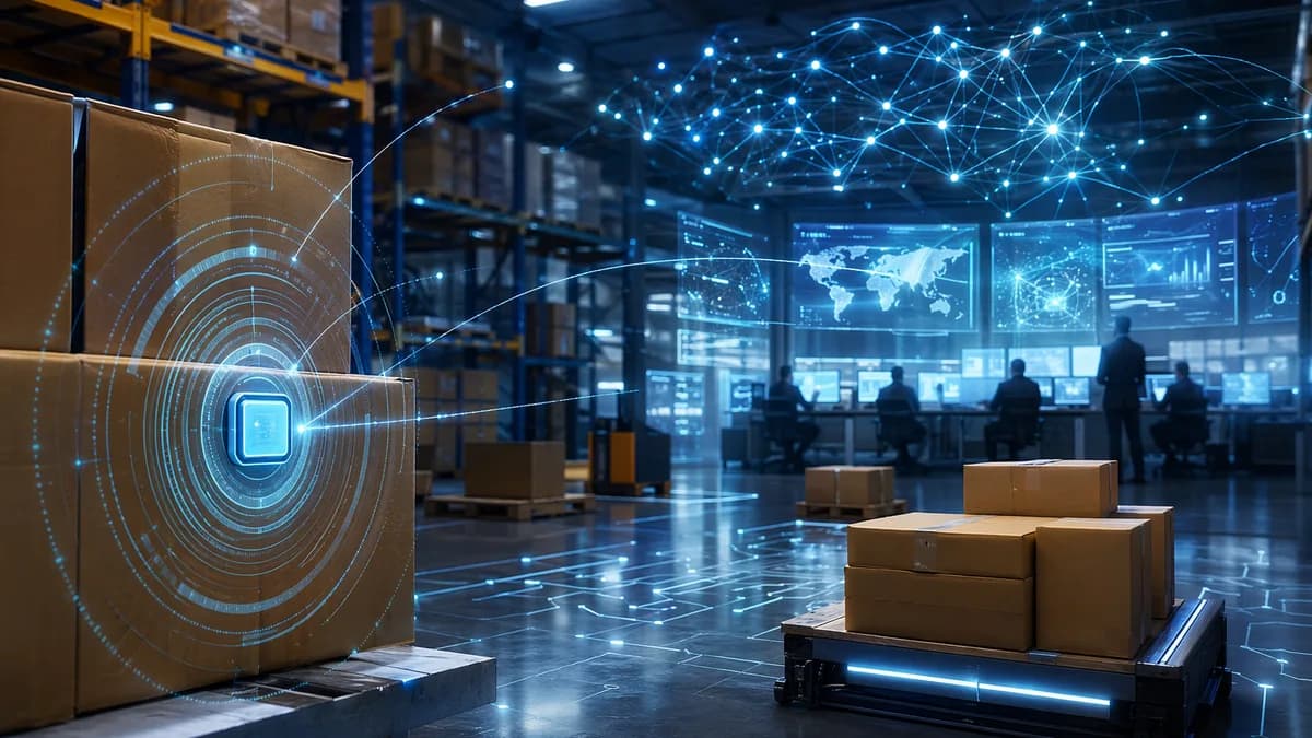 Smart tracking label on cargo in a futuristic logistics hub with digital visibility signals.