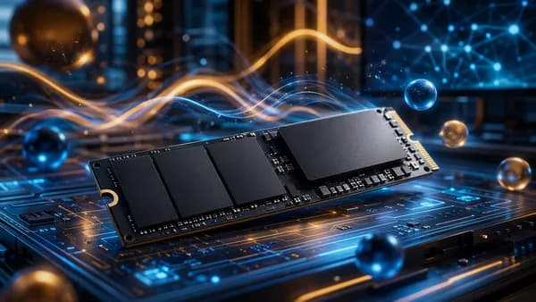 Premium NVMe SSD on a futuristic circuit-board workstation with abstract online sale visuals.