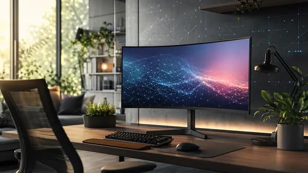 Curved monitor in a clean modern home office workspace with cinematic lighting