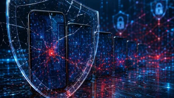 Unbranded smartphones beneath a cracked security shield with glowing circuitry and cyber threat visuals.