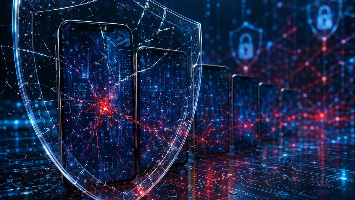 Unbranded smartphones beneath a cracked security shield with glowing circuitry and cyber threat visuals.
