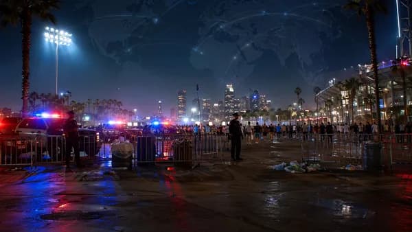 Police lights at a California fan zone with a subtle global map, emphasizing World Cup crowd safety.