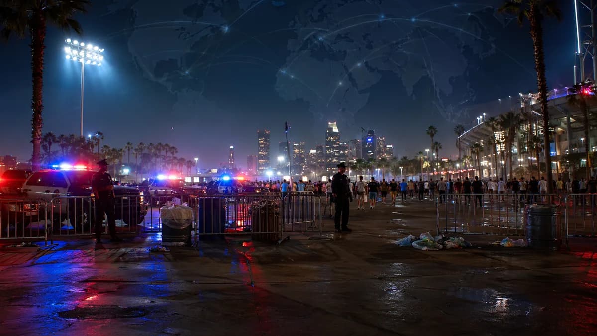 Police lights at a California fan zone with a subtle global map, emphasizing World Cup crowd safety.
