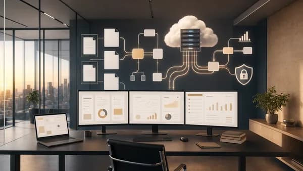 Enterprise legal AI SaaS platform with cloud workflows, blank documents, dashboards, and sandstone accents.