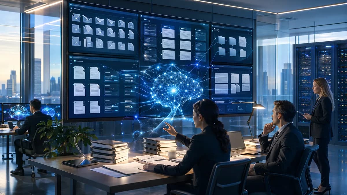 Enterprise legal AI SaaS platform with cloud workflows, blank documents, dashboards, and sandstone accents.